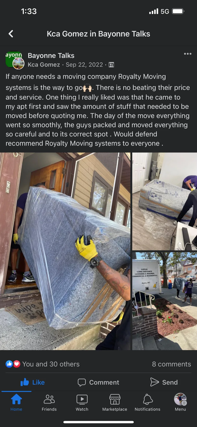 Facebook recommendation from Kca G. praising Royalty Moving Systems for a careful, professional move